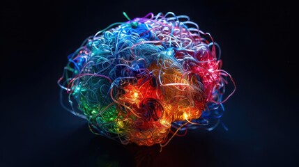 A brain with interconnected neurons illuminated in various colors on an isolated black background
