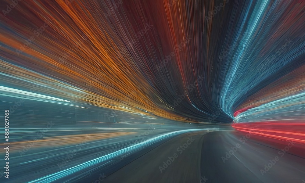 Poster a blurry image of a highway with a long tunnel