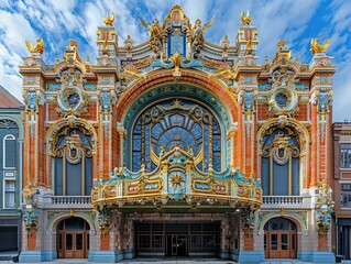 Obraz premium Historic theater with ornate architecture, grand entrance, and a cultural event in progress, illustrating artistic heritage
