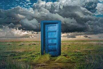 Blue Door in Stormy Field