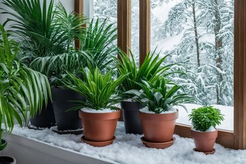 Fototapeta premium A fragment of the interior with potted indoor plants. Landscaping of the house. The concept of indoor plants and urban jungle.