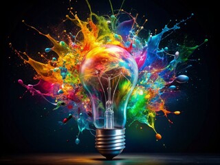 Vibrant colorful paint splashes and swirls around a shattered light bulb on a dark background, symbolizing innovative ideas and creative thinking bursting into reality.