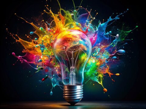 Vibrant colorful paint splashes and swirls around a shattered light bulb on a dark background, symbolizing innovative ideas and creative thinking bursting into reality.