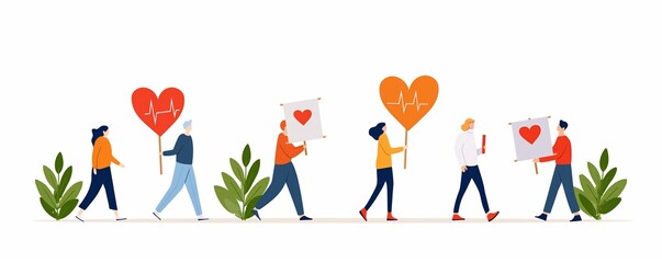 Heart disease awareness walk, participants with banners, flat design illustration