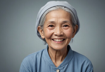 Portrait view of a regular happy smiling Vietnam old woman, ultra realistic, candid, social media, avatar image, plain solid background