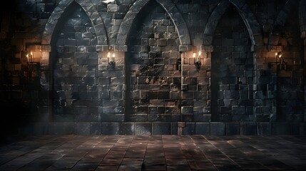 dark medieval castle hall with gothic arches and torches