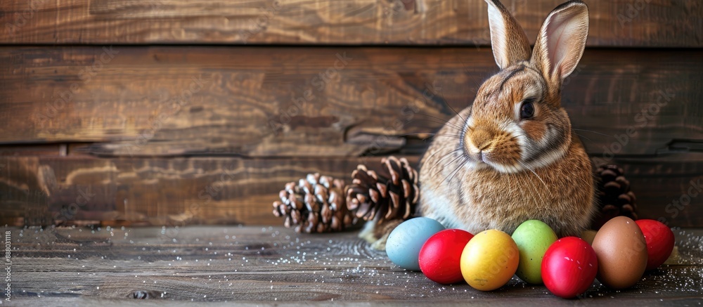 Poster Close up of Easter bunny with colorful Easter eggs on a wooden backdrop ideal for a copy space image