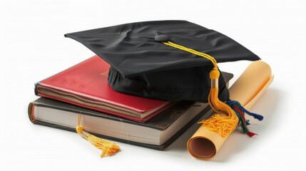 A graduation cap and diploma floating above a stack of books on an isolated white background