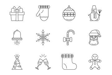 New Year icons, snowflake, Santa Claus, gifts. The concept of celebrating the new year. Vector illustration