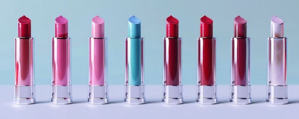 Row of colorful lipsticks in various shades ranging from pink to red and blue against a pastel background.