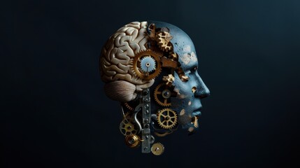 A human head silhouette with gears and cogs visible inside on an isolated black background