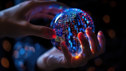 A hand reaching out to touch a glowing globe with binary code on an isolated background