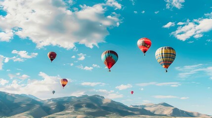 Obraz premium Hot air balloon festival with bright blue sky and beautiful mountains with slightly blurred background, colorful balloons floating in the sky