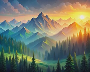 Simplified low poly art depiction of a serene mountain range at sunrise, with gentle mist and lush green forests, in a vibrant color palette.