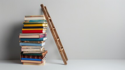 A stack of books with a ladder leaning against them on an isolated white background