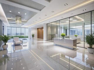 Fototapeta premium Modern luxury white room space with blurry corridor and glass wall window overlooks sleek reception hall in blurred upscale hotel or office building interior.