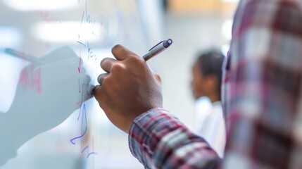 Focused student solving math problem on whiteboard, demonstrating dedication to learning in classroom. Emphasizing importance of studying algebra, geometry, calculus, and trigonometry