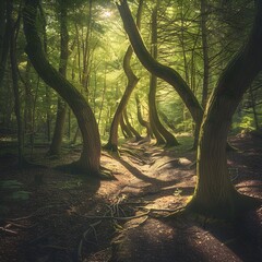 Hola Baciu Forest with lush trees and strange curved trunks, sunlight penetrating creating mysterious shadows on the ground