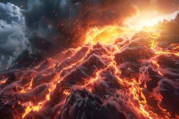Fototapeta premium Volcanic eruption spewing lava and lightning into the sky