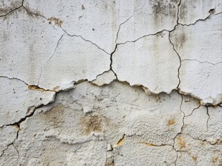 Obraz premium Weathered white concrete wall with fissures, cracks, and crumbling texture, featuring an abstract, distressed, and aged grungy cement background for design elements.
