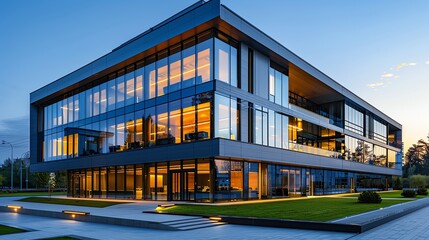 Obraz premium Modern office building exterior with sleek architecture, large windows, and a corporate feel
