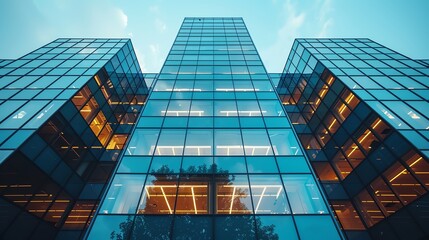Modern office building exterior with sleek architecture, large windows, and a corporate feel