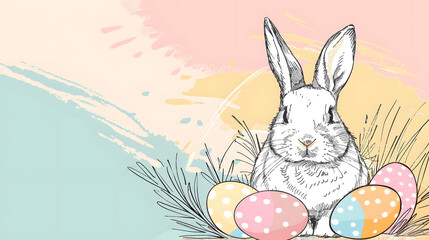 Obraz premium International Labour Day: Simple Black Line Sketch of Easter Bunny and Eggs on Pastel Background.