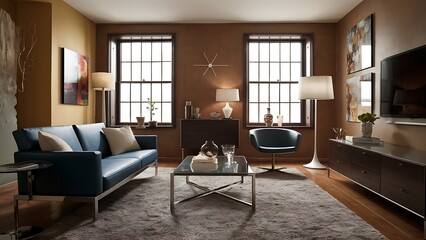 Contemporary living room with blue sofa