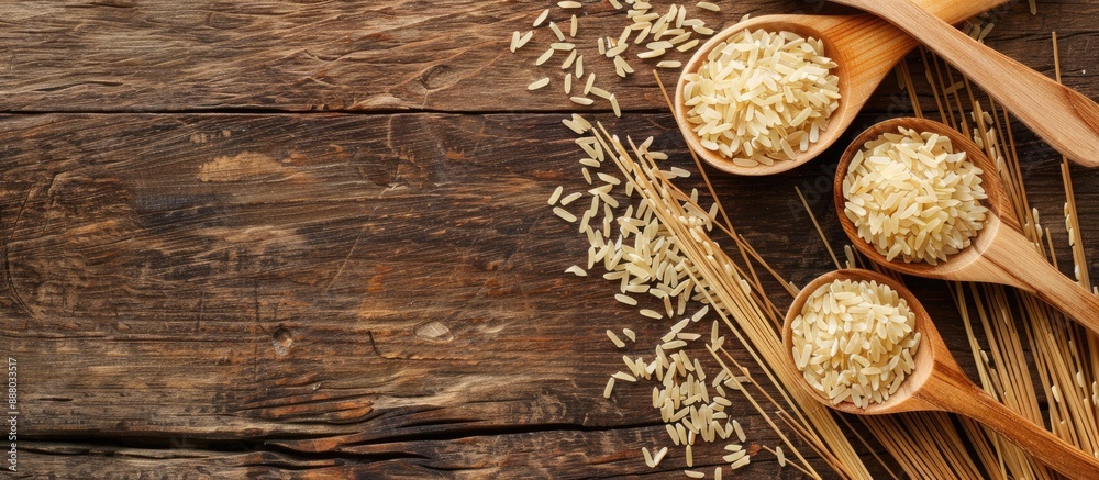 Wall mural Flat lay view of a wooden table with shiny brown rice in spoons perfect for adding text to the copy space image