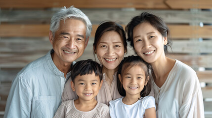 Obraz premium A family of four, including a grandfather and his grandchildren, are smiling and posing for a photo