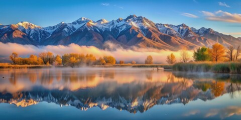 Serene morning landscape of majestic Wasatch Mountains towering above tranquil waters of Salt Lake, Utah, with misty fog rolling in at dawn's break.