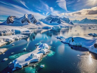 Naklejka premium Breathtaking aerial view of Antarctica's frozen landscape featuring icy rocks, ocean water, glaciers, islands, snow, and majestic icebergs in a serene winter wonderland setting.