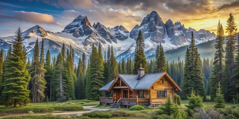 Fototapeta premium Secluded cabin nestled among evergreen trees, surrounded by rugged wilderness, with majestic snow-capped mountains looming in the distance, evoking a sense of serene tranquility.