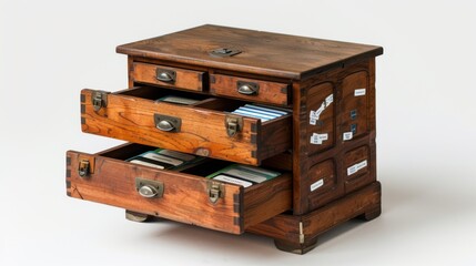 16072117 21 21. A library card catalog with drawers open and cards sticking out on an isolated white background --ar 16:9 --personalize qujpd9j Job ID: 7ec597a7-2a96-4701-9512-862ac6b3accd