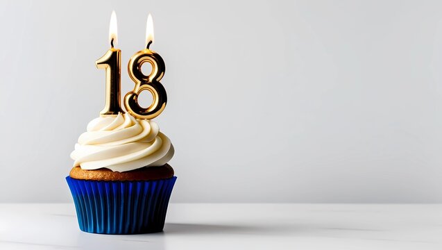 Gold Candle Number 18 on Blue Cupcake with White Background
