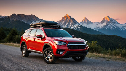 Naklejka premium Red SUV with roof rack is parked on gravel road with mountains in background. Sky is soft pink and orange