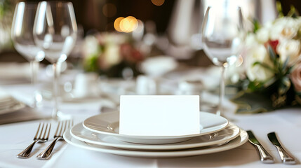Fototapeta premium Table place setting blank menu card mockup or reserve in wedding invite and special event