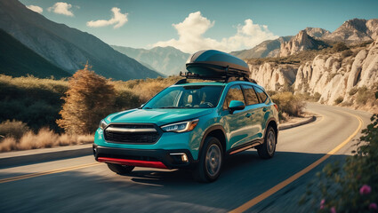 Teal SUV drives along winding mountain road, with roof box attached