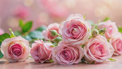 Fototapeta premium Soft focus pink roses with delicate petals and green stems lie gently on a pastel pink background, evoking feelings of romance and elegance.