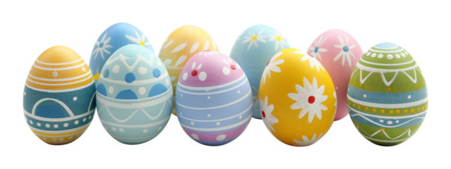 9 easter eggs ornamentally hand painted in different shapes and colors isolated on a transparent background, cut-out, PNG
