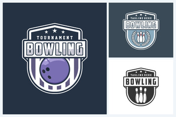 Obraz premium Bowling logo sport design template, bowling emblem vector, bowling tournament logo badge design vector illustration
