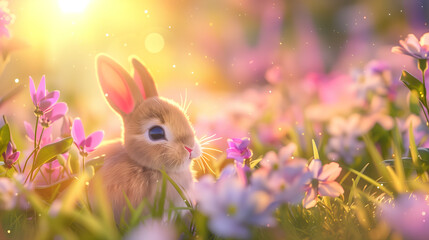 A cute rabbit on a grassland with beautiful flowers at sunset, 3D cartoon illustration