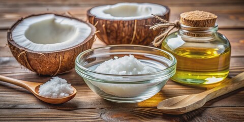 A round glass bowl holds a pool of crystal-clear liquid coconut oil, paired with a rustic wooden spoon and adjacent bottles on a clean surface.