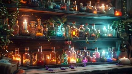 Glowing Magical Potion Shelf with Enchanting Ingredients for Mystical Rituals