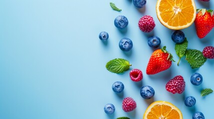 Assorted fresh fruits on blue background