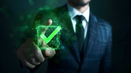 Green check mark for compliance, certification or audit concept with a business man holding a digital hologram of green compliance tick symbol 