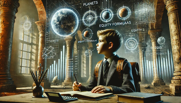 Young boy sitting in an ancient, classical setting surrounded by educational elements - Powered by Adobe