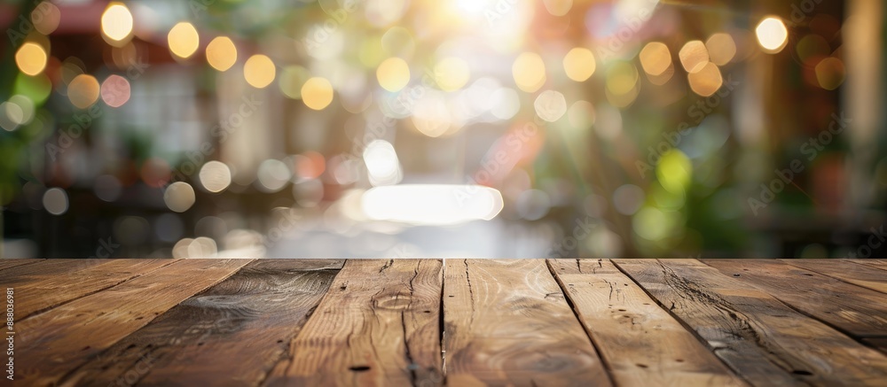 Poster focus on an empty wooden table with a blurred cafe background containing bokeh ideal for a copy spac