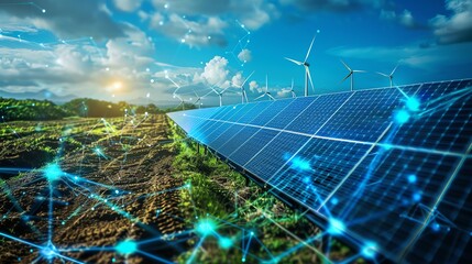Futuristic energy solutions with solar panels, wind turbines, and smart grids, showcasing sustainable energy technology