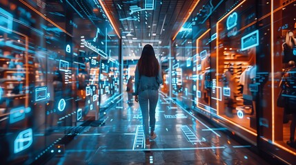 Futuristic retail innovation with AI recommendations, personalized shopping experiences, and smart checkout, showcasing commerce technology